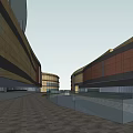 Modern Commercial Street With Modern Buildings Stone Paved Ground And Glass Railings