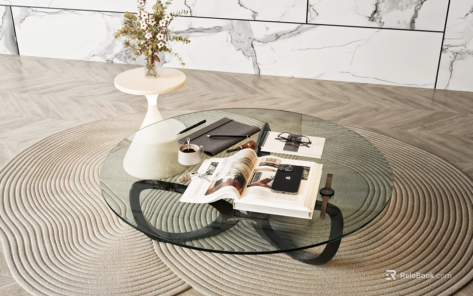 Round Glass Coffee Table With Black Frame And Magazines On Woven Rug Near Marble Wall 3d model 