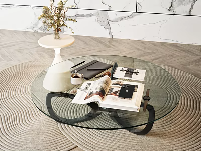 Round Glass Coffee Table With Black Frame And Magazines On Woven Rug Near Marble Wall 3d model