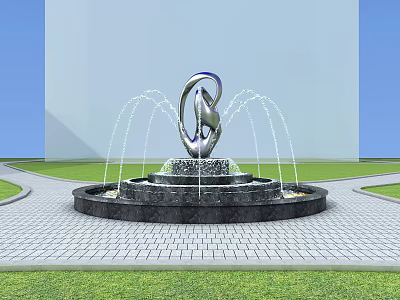 Garden Ornament Silver Sculpture Fountain With Water Jets Black Base On Paved Grass Area 3d model