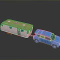 Small Blue Car Towing Yellow Camper Trailer With Windows And Roof