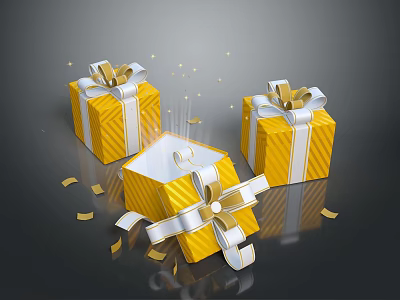 Yellow Decorative Gift Boxes With White Ribbons Open Box And Gold Confetti 3d model