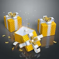 Yellow Decorative Gift Boxes With White Ribbons Open Box And Gold Confetti