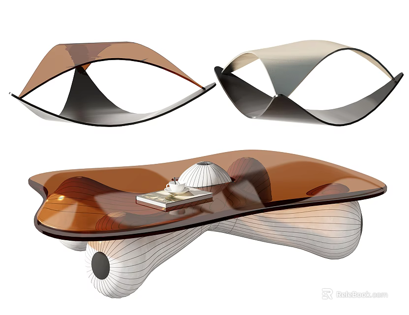 Modern Coffee Table with Unique Curved Shape Transparent Glass Top and Wooden Striped Base 3d model 