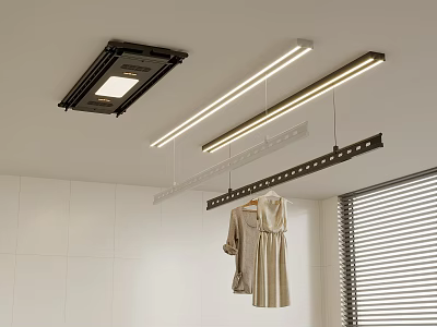 Modern Indoor Drying Space With Ceiling Fixture Linear LED Lights Metal Clothes Rack And Hanging Dress 3d model