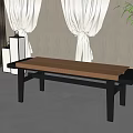Modern Wooden Bench with Black Legs White Curtains Floor Lamp Green Plant in Minimalist Interior