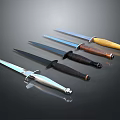 Sharp Knives With Various Colored Handles And Metallic Blades On 3d model