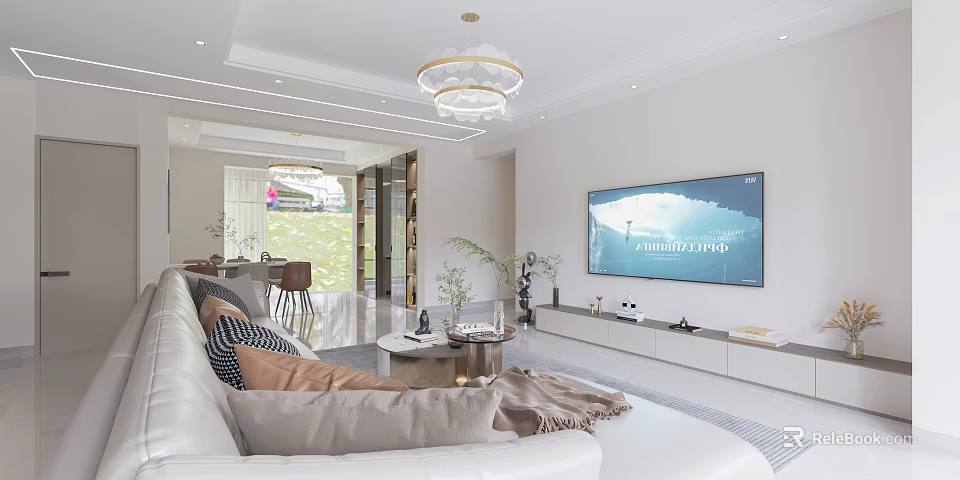 Modern Living Dining Room Interior With White Sofa Large TV Chandelier And Dining Table 3d model 