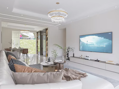 Modern Living Dining Room Interior With White Sofa Large TV Chandelier And Dining Table 3d model