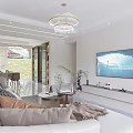 Modern Living Dining Room Interior With White Sofa Large TV Chandelier And Dining Table