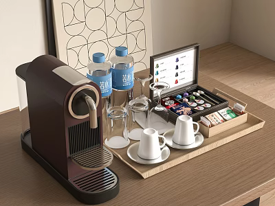 Stylish Coffee Cups With Espresso Machine Glasses Water Bottles And Coffee Capsules On Wooden Tray 3d model