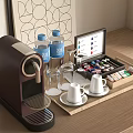 Stylish Coffee Cups With Espresso Machine Glasses Water Bottles And Coffee Capsules On Wooden Tray