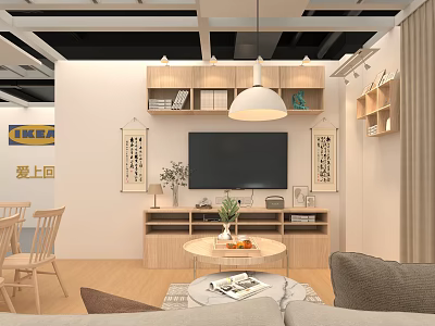 Bright Natural Wood Styled Mall Hall Display With Cozy Complete Set Of Home Furniture 3d model