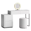 Modern Light Colored Dressing Table With Round Mirror Drawers And Striped Stool 3d model