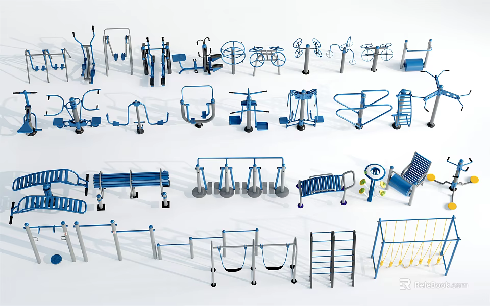 Varied Sports Equipment for Fitness Training Including Parallel Bars Treadmills and Swings 3d model 