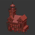 Cartoon Scene Featuring Charming Multi Story Wooden House With Red Lighthouse And Blue Roof