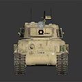 Detailed Tan Military Tank Model With Turret Antennas Gun Barrel Tracks On Dark Metallic Surface