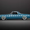 Blue Vintage Muscle Car With Yellow Rear Accents And Silver Wheels Styling On Dark Background