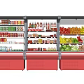 Red Commercial Refrigerated Showcase Displaying Fresh Fruits Vegetables And Beverages