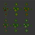 Colorful Flowers Arranged in Curve Shape With Green Leaves and Gray Background