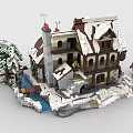 Snowy Building Blocks House with Snow Covered Roof Chimney Tree Pond Mini Figures Animals