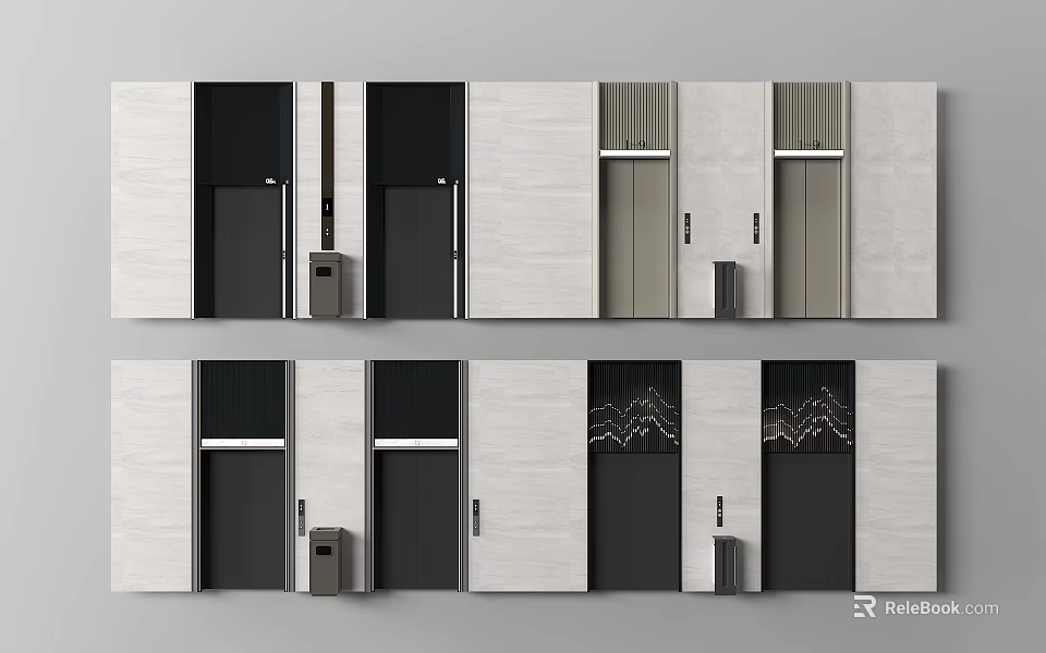 Modern Elevator Lobby Interior Design With Multiple Doors Sleek Walls And Trash Bins 3d model