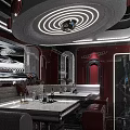 Modern KTV Interior With Blue Lighting Ceiling Circular Lights And Vertical Strips 3d model