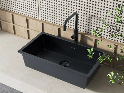 Black Single Bowl Kitchen Sink With Modern Faucet On Countertop And Green Plants 3d model