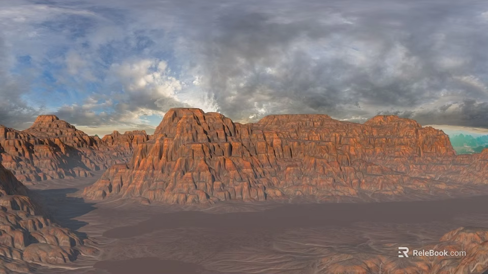 Majestic Red Rock Mountains Under Cloudy Sky With Sunlit Desert Landscape 3d model 