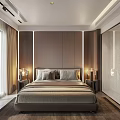Modern Elegant Bedroom Interior With Comfortable Bed Nightstand Glass Wardrobe And Wooden Floor