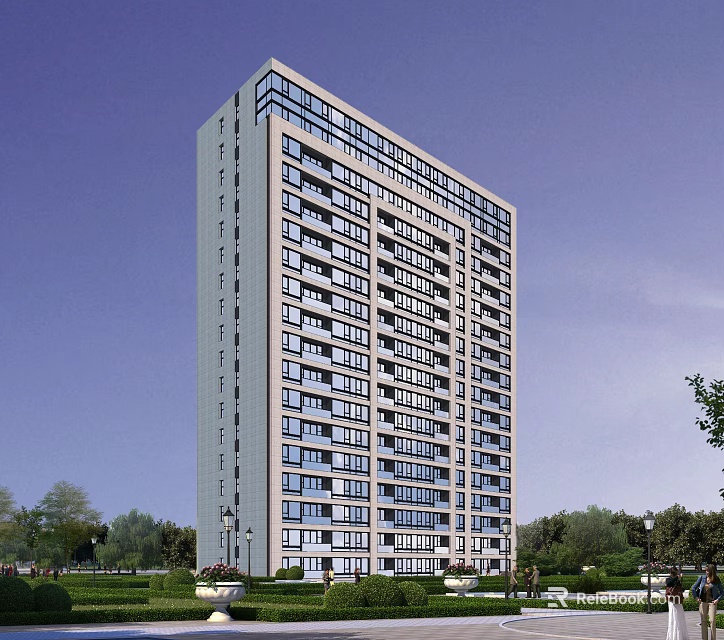 Modern High Rise Residential Building with Windows and Green Trees Around Under Blue Sky 3d model 