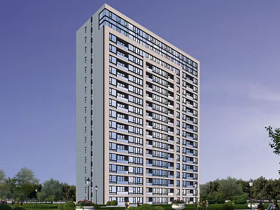 Modern High Rise Residential Building with Windows and Green Trees Around Under Blue Sky 3d model