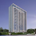 Modern High Rise Residential Building with Windows and Green Trees Around Under Blue Sky