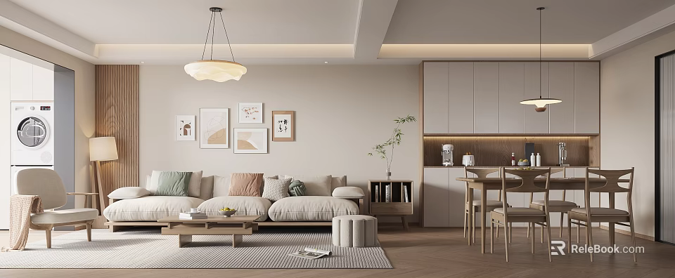 Modern Living and Dining Room Interior with Beige Sofa Decorative Paintings Chandelier and Bookshelf 3d model