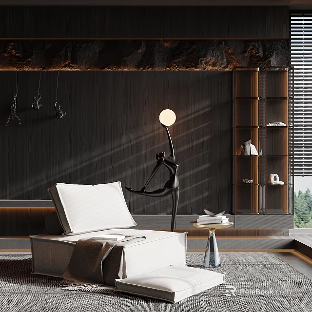 White Single Sofa In Cozy Living Space With Dark Wall Floor Lamp And Side Table 3d model 