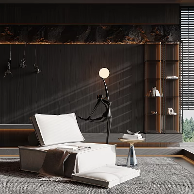 White Single Sofa In Cozy Living Space With Dark Wall Floor Lamp And Side Table 3d model