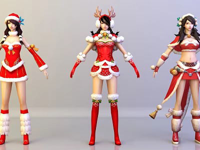 Festive Christmas Female Characters With Antler Headpieces Red White Outfits Bells Decorations 3d model