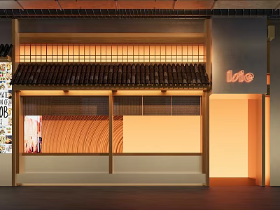 Japanese Style Restaurant Exterior Featuring Traditional Roof Warm Lighting Wooden Structure And Glass Windows 3d model