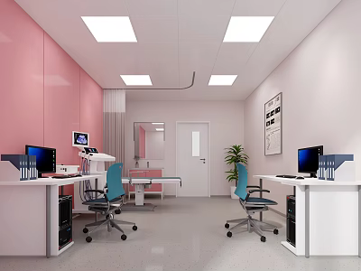 Hospital Outpatient Clinic With Pink Walls Square Lights Examination Bed Workstations Computers Green Plants 3d model