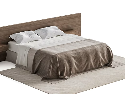 Modern Double Bed with Wooden Headboard White Pillows and Brown Blanket on Beige Rug 3d model