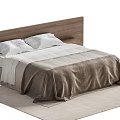 Modern Double Bed with Wooden Headboard White Pillows and Brown Blanket on Beige Rug