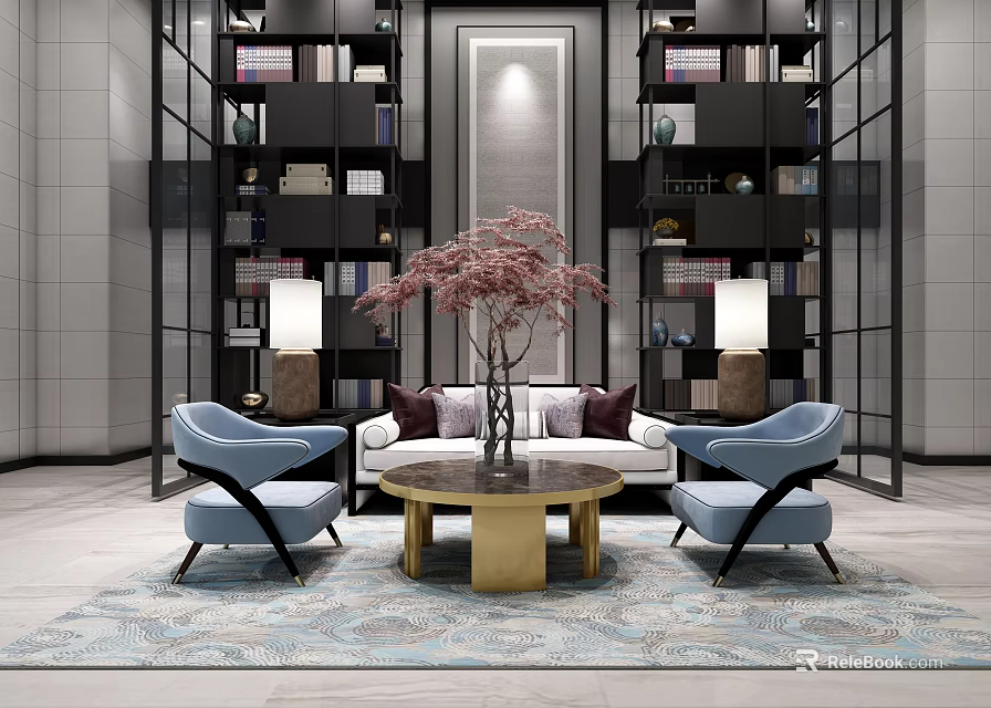 Elegant Modern Sofa And Coffee Table Set With Blue Armchairs Pink Flowers And Bookshelves 3d model 