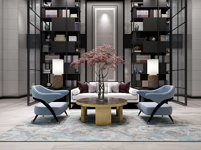 Elegant Modern Sofa And Coffee Table Set With Blue Armchairs Pink Flowers And Bookshelves 3d model