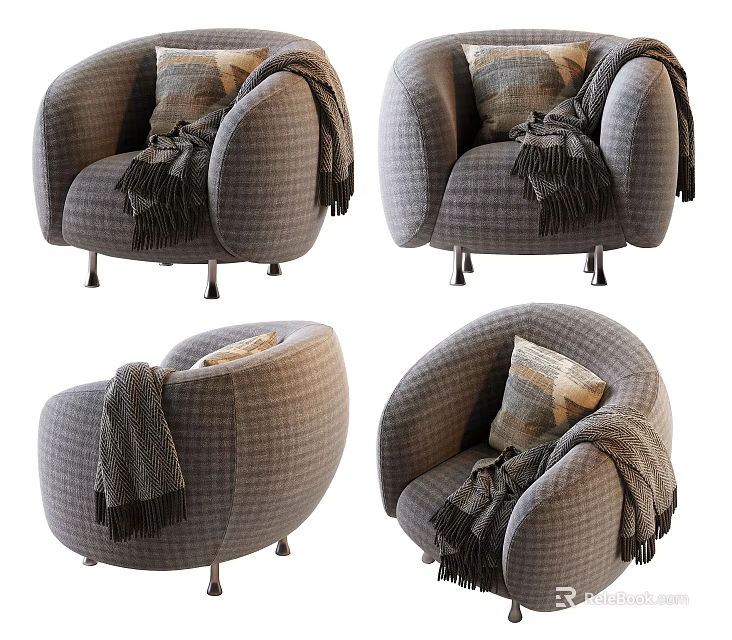 Cozy Single Sofa With Plaid Pattern Throw Pillow Blanket And Metal Legs 3d model