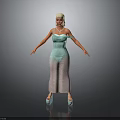 Woman in Light Green Strappy Dress with Transparent Mesh Fabric and High Heels and Golden Hair