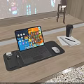 Tablet With Keyboard On Wooden Desk Featuring Mouse Mouse Pad Coffee Cup Notebook Pen Earphones