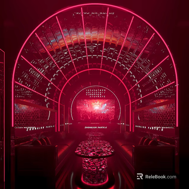 Modern KTV Interior With Red Lighting Arch Design Sofa Table And Screen 3d model