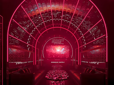 Modern KTV Interior With Red Lighting Arch Design Sofa Table And Screen 3d model