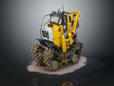 Yellow Tracked Mechanical Vehicle Model With Snow Base And Details 3d model
