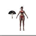 Oriental Female Character In Red Outfit With Traditional Golden Fan And High Heels Design